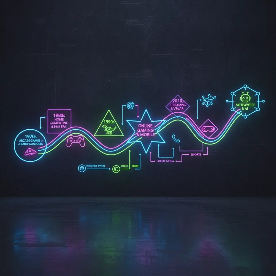 Timeline illustration of Neon Strip Slots company history and milestones