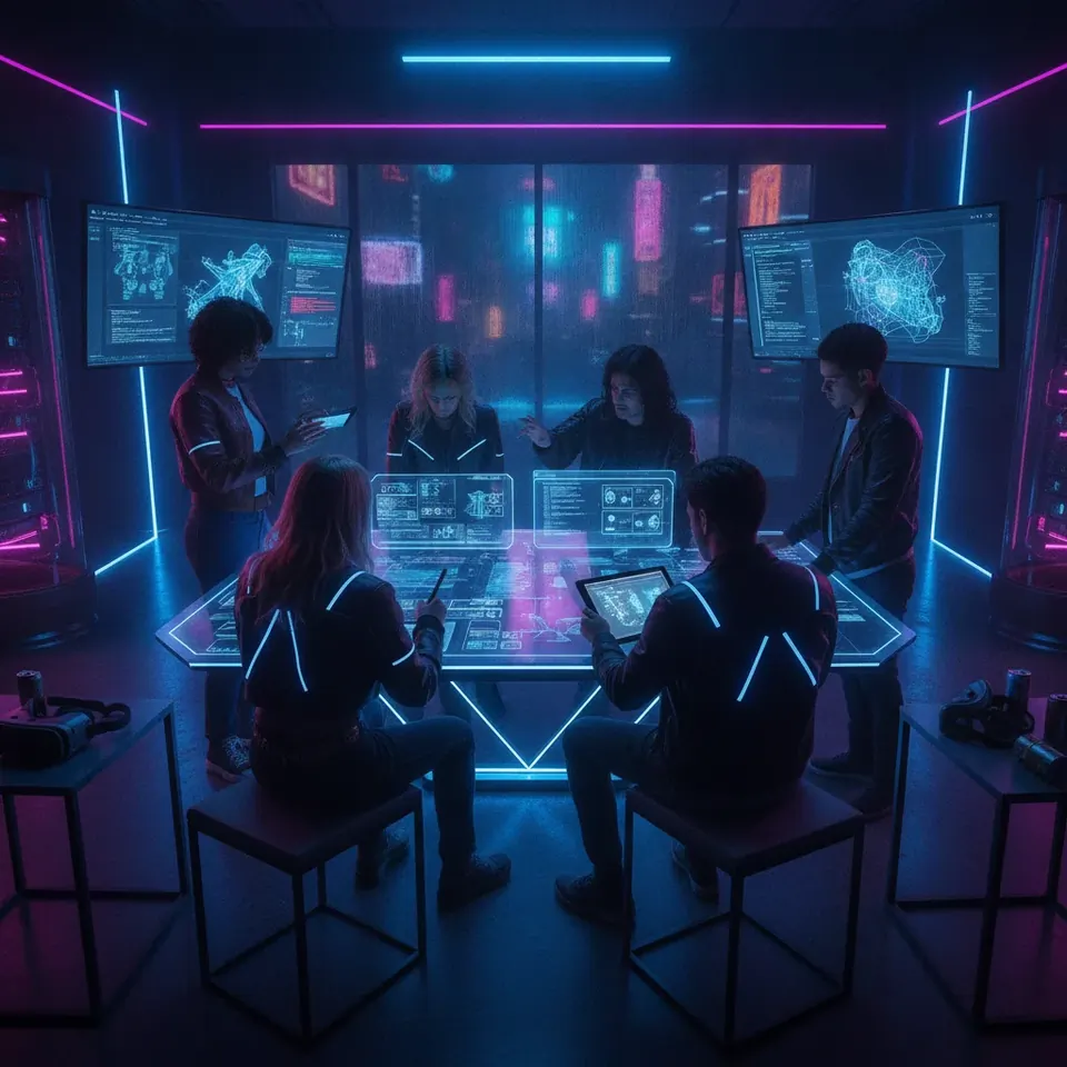 Neon Strip Slots team collaboration in a modern creative studio
